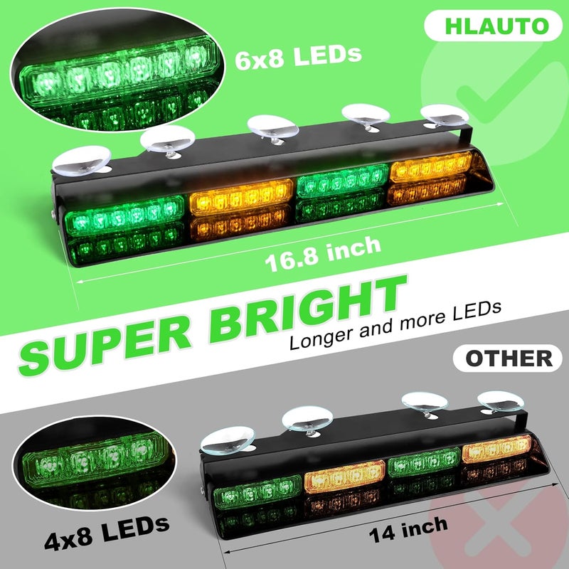 HLauto 6Z4J Emergency Dash Strobe Lights: 2x16.8 inch Green Amber Safety Lights, 48 LED Flashing Warning Hazard Interior Windshield Visor Traffic Light Bar for Trucks, Construction Vehicles - Image 2